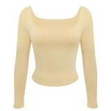 Women's Long Sleeve Solid Crop Square Neck T-Shirt