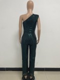 Women's Sleeveless One Shoulder Low Back Sequined Jumpsuit