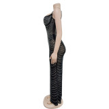 Women's Fashion Solid Color Mesh Beaded Slip Maxi Dress