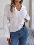 Autumn/Winter Casual Turndown Collar Solid Color Plaid Long Sleeve Knitting Pullover Sweater Women's Clothing
