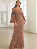 Spring Summer Fashion V Neck Bodycon Sequin Dress Mid Waist Bell Bottom Sleeve Long Evening Gown