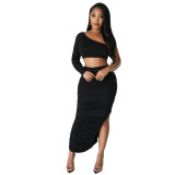 Summer One Shoulder Long Sleeve Women's Sexy Tight Fitting Ruched Irregular Two-Piece Skirt Set