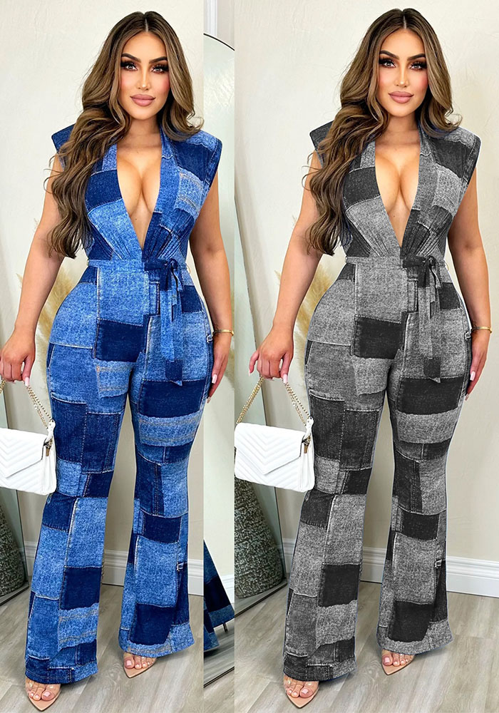 Wholesale Ladies Denim Print V Neck Sleeveless Belted Jumpsuit