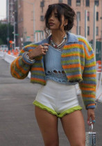 Summer Women's Clothing Casual Contrast Color Turndown Collar Slim Knitting Cardigan Jacket Women