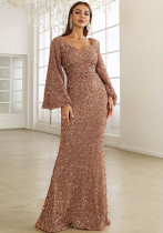 Весенне-летняя мода V-образным вырезом Bodycon Sequin Dress Mid Waist Bell Bottom Sleeve Long Evening Gown