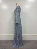 Spring Summer Fashion V Neck Bodycon Sequin Dress Mid Waist Bell Bottom Sleeve Long Evening Gown