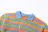 Summer Women's Clothing Casual Contrast Color Turndown Collar Slim Knitting Cardigan Jacket Women