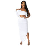 Summer One Shoulder Long Sleeve Women's Sexy Tight Fitting Ruched Irregular Two-Piece Skirt Set