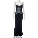 Women's Summer Solid Casual Mesh See-Through Straps Slim Maxi Dress