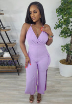 Sexy Solid Color Straps Halter Neck Cutout Tight Fitting Jumpsuit