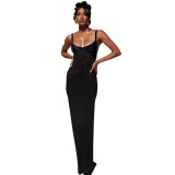 Women's Summer Solid Casual Mesh See-Through Straps Slim Maxi Dress