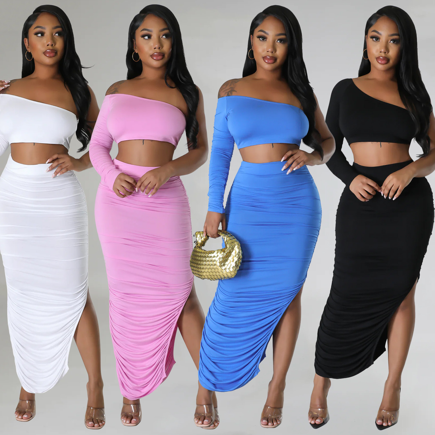 Women 2 Piece Outfits Maxi Skirt Sets Strapless Crop Tube Tops High Waist  Bodycon Long Skirts Summer Two Piece Outfit 