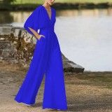 Spring And Summer Solid Color Fashion V-Neck Jumpsuit Mid-Waist Chic Career Jumpsuit
