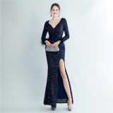 Women Ostrich Fur Cuff Side Slit Long Sleeve Sequined Mermaid Evening Dress