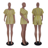 Women Summer Short Sleeve Lace Print Stripe Romper