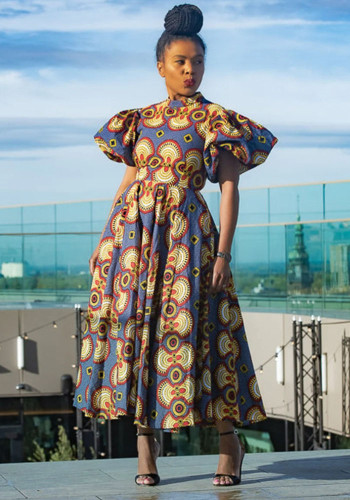 African Ladies Turtleneck Balloon Sleeve Pocket Print Dress