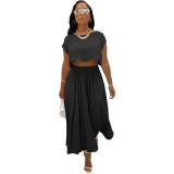 Women Casual Pleated Short Sleeve Crop Top And Skirt Two-Piece Set