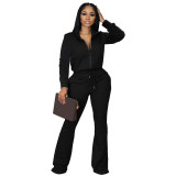 Women Long Sleeve Zip Top and Bell Bottom Pants Casual Two-Piece Set