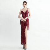 Women Beaded Sequined Side Slit Camisole Sexy Evening Dress