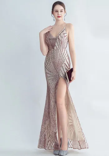 Women Sequined Side Slit Evening Dress