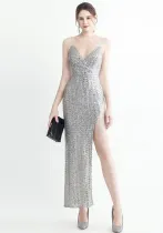 Women Beaded Sequined Side Slit Camisole Sexy Evening Dress