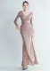 Women Ostrich Fur Cuff Side Slit Long Sleeve Sequined Mermaid Evening Dress