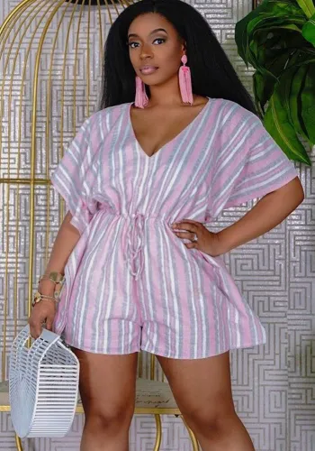Women Summer Short Sleeve Lace Print Stripe Romper