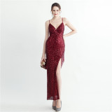 Women Beaded Sequined Side Slit Camisole Sexy Evening Dress