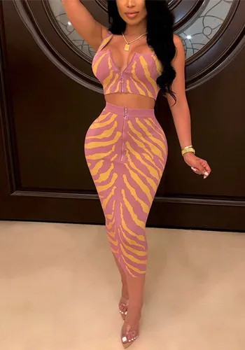 Women Sexy Print Zippered Crop Top and Skirt Two-Piece Set