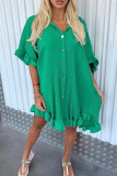 Women Summer Solid Ruffle Sleeve Irregular Shirt Dress