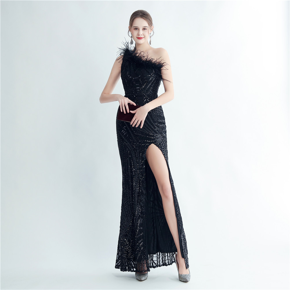 Black Sequin Womens Party Dress With Ostrich Feathers. Beaded