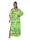 Womens Green Multicolor Vintage Print Double Slit Maxi Dress