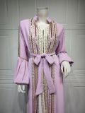 Muslim Fashion Ladies Sequin Embroidered Two-Piece Puff Sleeve Robe Dress