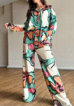 Chic Women's Plus Size Print Career Shirt High Waist Wide Leg Pants Two Piece Set