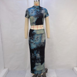 Summer Ladies Stand Collar Crop T-Shirt High Waist Bodycon Skirt Basic Casual Two Piece Set