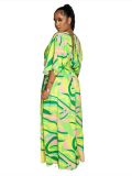 Womens Green Multicolor Vintage Print Double Slit Maxi Dress