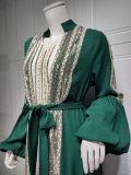 Muslim Fashion Ladies Sequin Embroidered Two-Piece Puff Sleeve Robe Dress