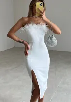 Women's Fur Trim Strapless Solid Slit Bodycon Dress