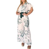 Women's Fall Clothes Abstract Plant Print Fashion Short Sleeve Slim Top Loose Trousers Two Piece Set