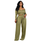 Women's Clothing Solid Color Knitting Tie Wide-Leg Women's Two-Piece Pants Set