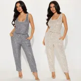 Autumn Winter Women's Fashion Sequin Sexy Sleeveless Fashion Slim Jumpsuit