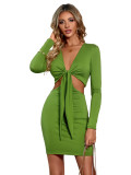 Casual Sexy Style Women's Autumn And Winter Solid Color Long-Sleeved Knitting V-Neck Dress For Women
