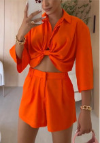 Summer Suit Simple Lace Up Open Waist Slim Long Sleeve Slim Fit Fashion Two-Piece Shorts Set For Women