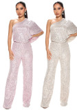 Women's Fall Winter Sleeveless One Shoulder Sequined Jumpsuit