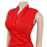 Women's Fashion Solid Color Deep V Sleeveless Pleated Maxi Dress