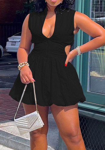 Casual Fashion Solid Color Slim Waist Cutout Puffy V-Neck Dress