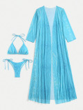 Solid Color Shawl Halter Neck Swimsuit Three-Piece Mesh Sun Protection Beach Swimwear Bikini