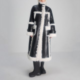 Chaqueta larga australiana de algodón para mujer abrigo de lana de cordero de patchwork de contraste de color y piel de invierno