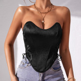 Sexy Lace-Up Solid Color Wrapped Chest Street Low Back Fishbone Tunic Vest