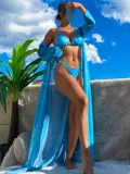 Solid Color Shawl Halter Neck Swimsuit Three-Piece Mesh Sun Protection Beach Swimwear Bikini